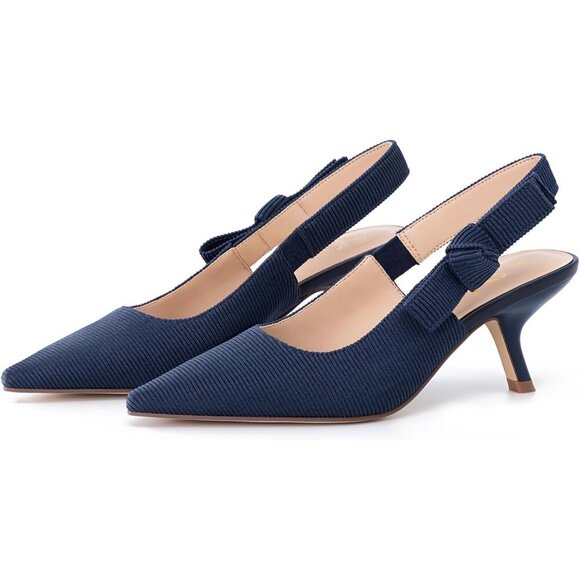 🆕Women's Navy Fabric Sling back Kitten Heels Closed Pointed Toe Bowknot Pumps - Picture 5 of 6